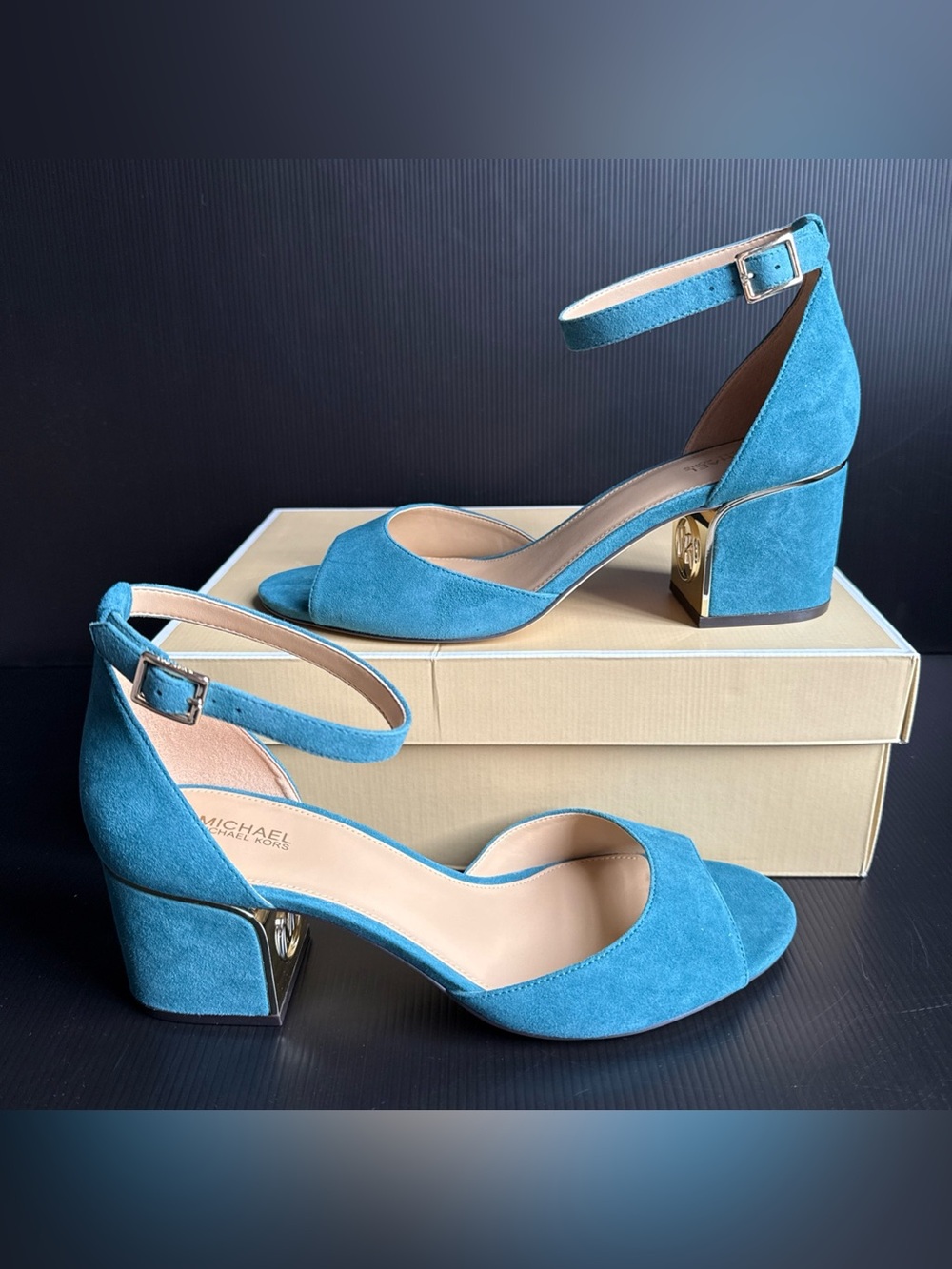 NIB Michael Kors Dark Cyan Suede Lana Mid Strappy Heels Shoes Women’s Size 10